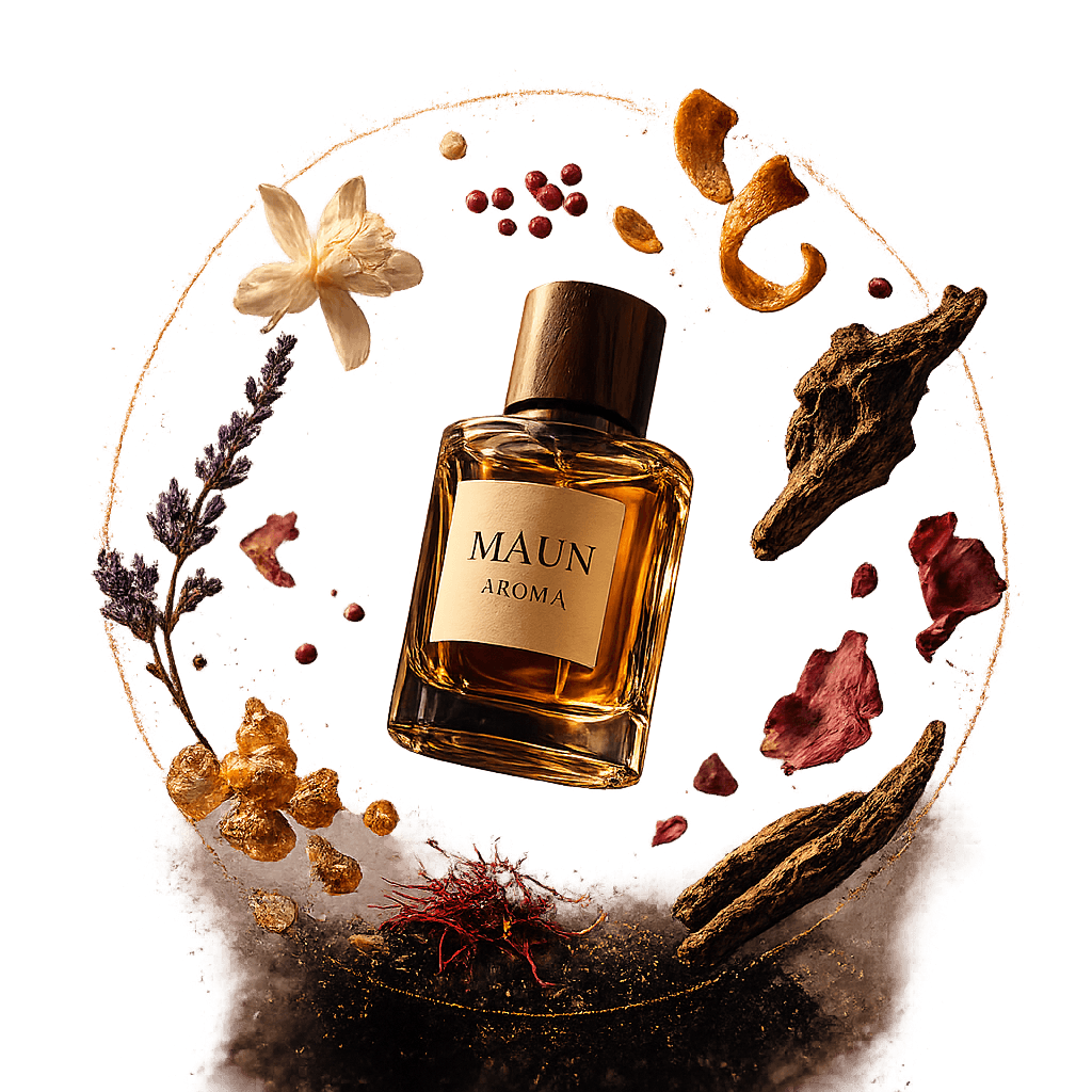 Maun Aroma perfume bottle suspended among jasmine, lavender, vanilla, citrus peel, frankincense, and saffron